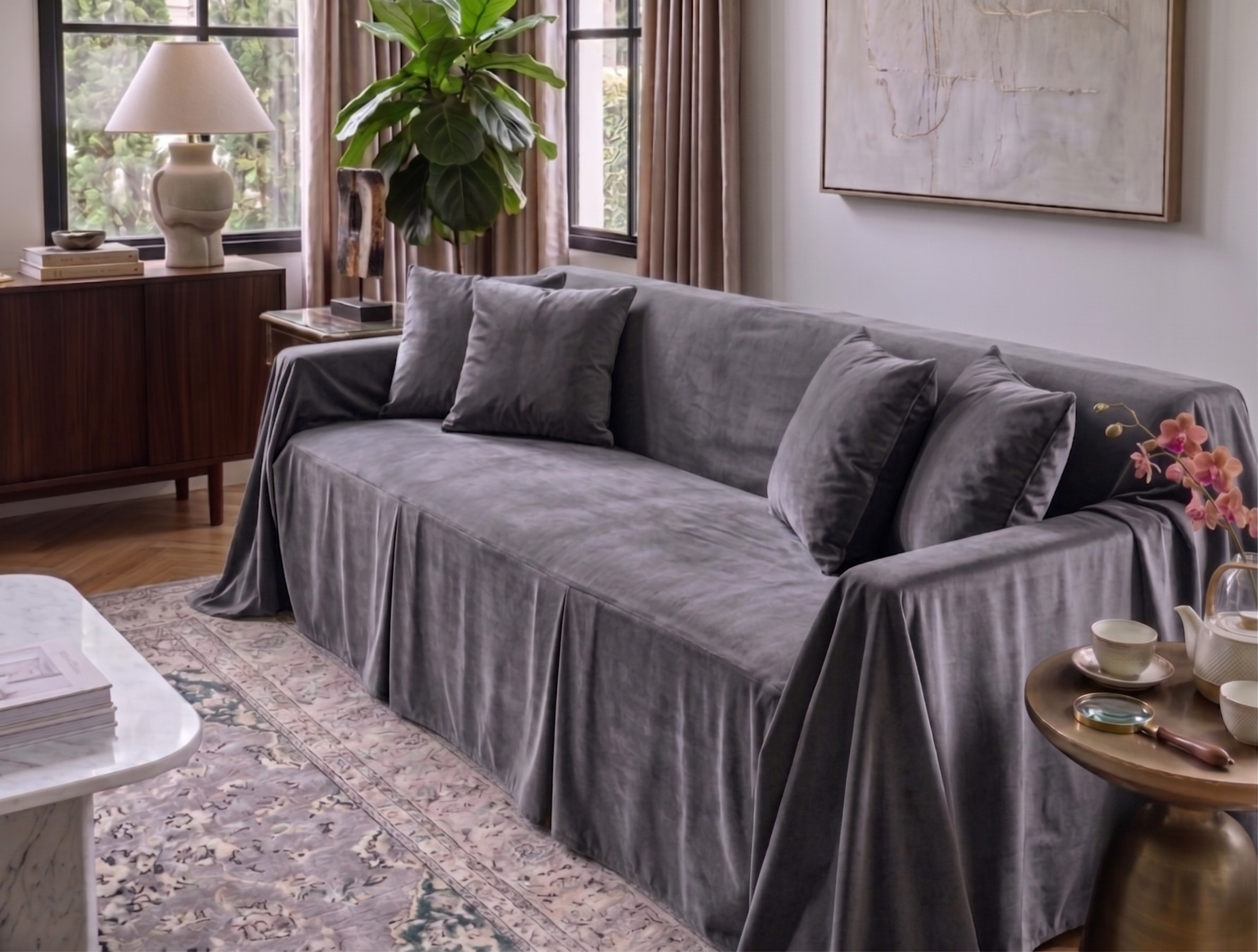 Velvet Sofa Cover (With Pleats) - Standard